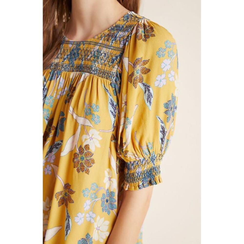 DOLAN from Anthropologie Yellow Floral Rebecca Smocked Blouse - Size - Large